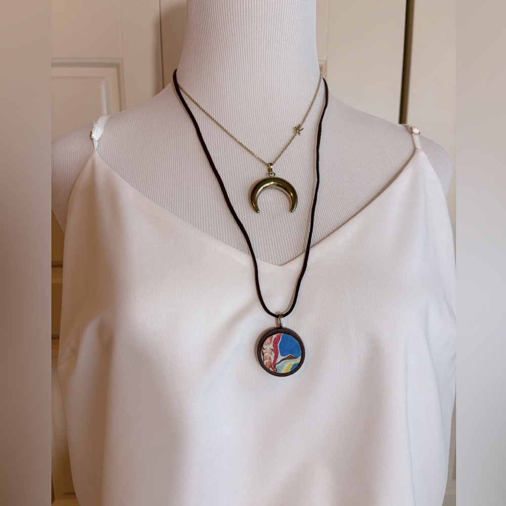 Boho Vibes Gold crescent, Brown leather Necklace Set, hand painted wood pendant